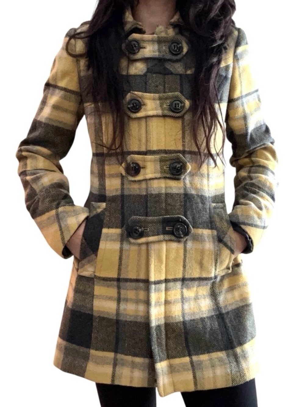 Via | Y2K Wool Blend Yellow/Gray Plaid Peacoat